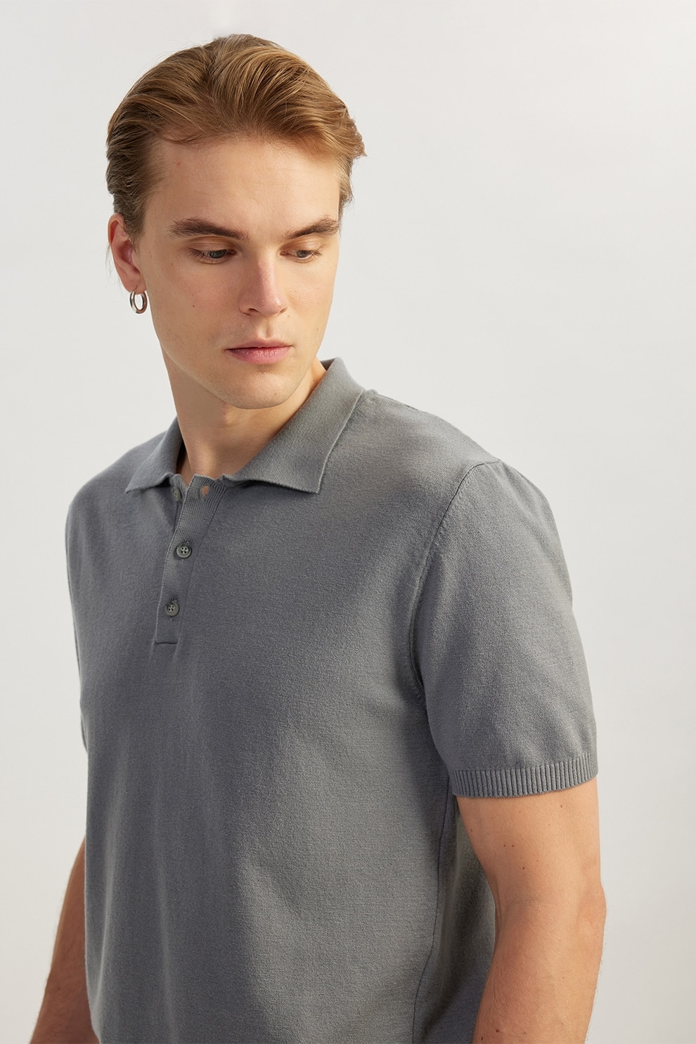 KOTON, Tricou polo tricotat fin, Gri, M