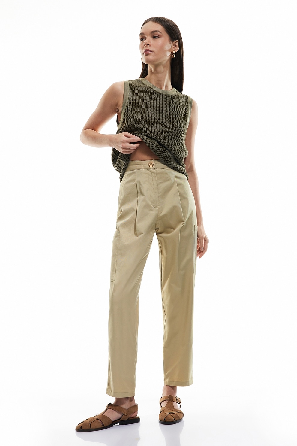 KOTON, Pantaloni drepti cu talie inalta, Maro nisip, 34