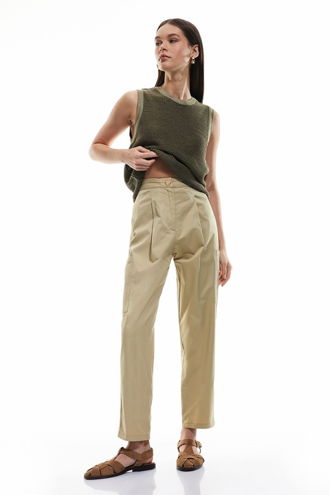 KOTON, Pantaloni drepti cu talie inalta, Maro nisip