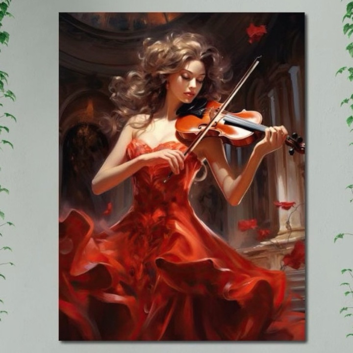 Премиум картина върху платно, LuxCanva® G1049, Рапсодия в червено, 100 X 135 CM, 100% памучно платно 400g/m2, дървена рамка, Дуализъм, Симетрия, Разнообразие, Хармония, Мечта, Баланс, Жена, Злато, Хол, Спалня