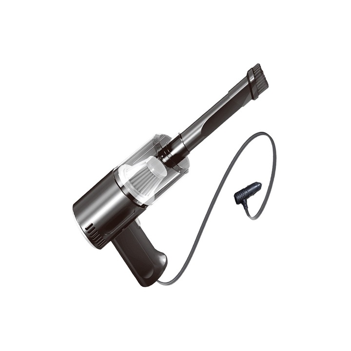Aspirator portabil de mana, Comando Home, Pentru Masina si Casa, Functie Turbo, Aspirare Umeda / Uscata, Accesorii Incluse, Alimentare Cablu Auto, Negru / Alb