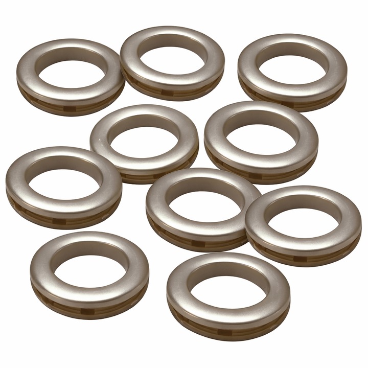 Set 10 inele tip capsa colorate mat, cu mai multe trepte de inchidere, pentru perdele si/sau draperii, diametrul 40 mm, platina