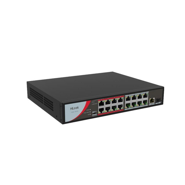 Switch PoE cu 16 porturi HikVision HiLook NS-0318P-130(B), 10/100 Mbps, 7.2 Gbps, 5.356 Mpps, MAC 4K, fara management