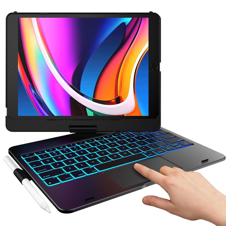 Husa cu Tastatura pentru IPad Apple, BYONDSELF®, Rotire 360°, Tastatura Wireless Iluminata In 7 Culori, Touchpad, pentru IPad Air4/Air5 10.9/pro11Inch, Negru