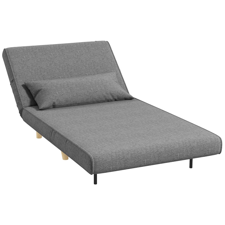 HOMCOM Canapea extensibila de o persoana 3 in 1 cu spatar reglabil pe 6 niveluri si perna, material textil si lemn, 94x78x80 cm, gri