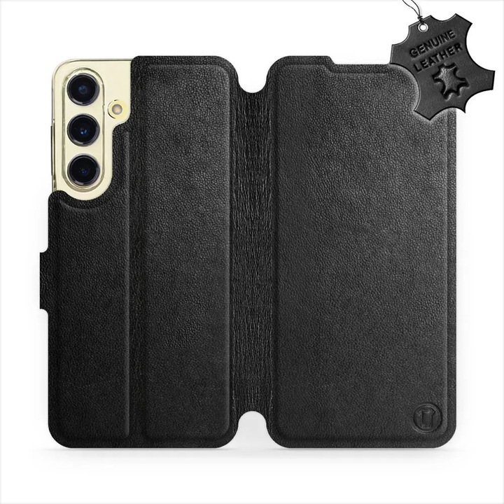 Husa telefon, piele naturala, MobiWear, pentru Samsung Galaxy S24 FE, negru, cu suport si inchidere magnetica