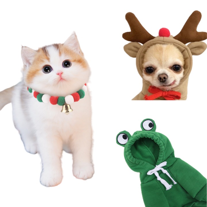 Set 3-in-1 Haine pentru Pisici si Caini Mici, Hanorac Verde Broasca, Costum Bej Cerb, Colier cu Clopotel, 2-3kg