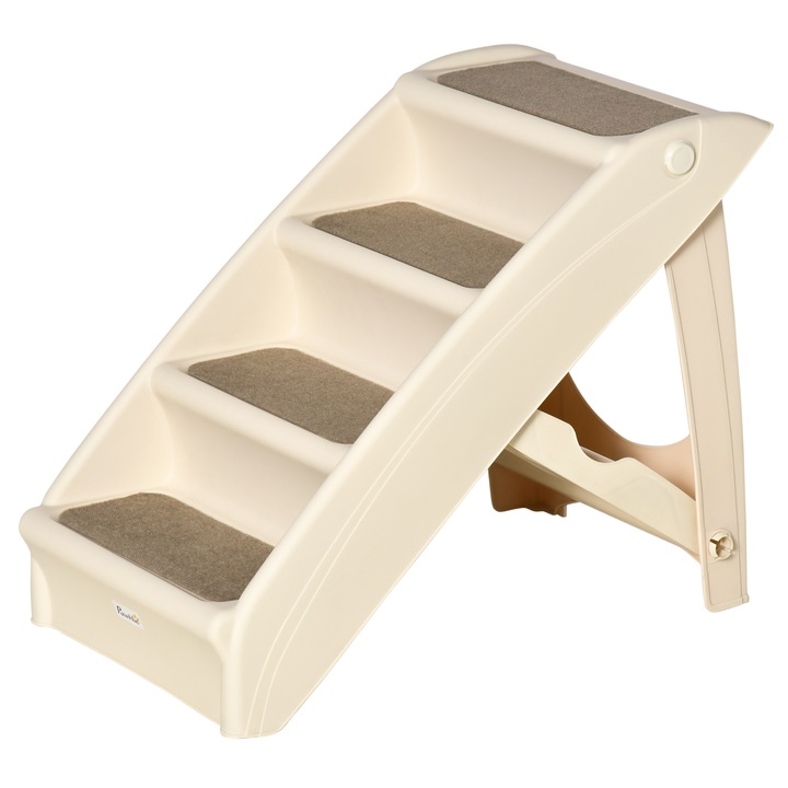 Scara pliabila pentru caini PawHut cu 4 trepte antiderapante, scara pentru animale de companie de pana la 10 kg in PP, 62x38x49,5 cm, bej