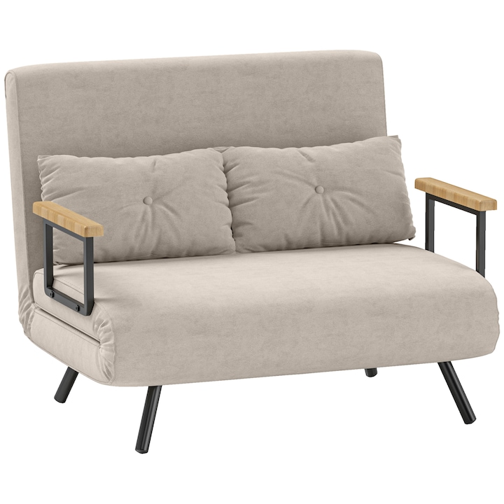 Canapea extensibila, Homcom,2 locuri, cu sezut din material textil, structura din otel si lemn, 102x73x81 cm, alb crem