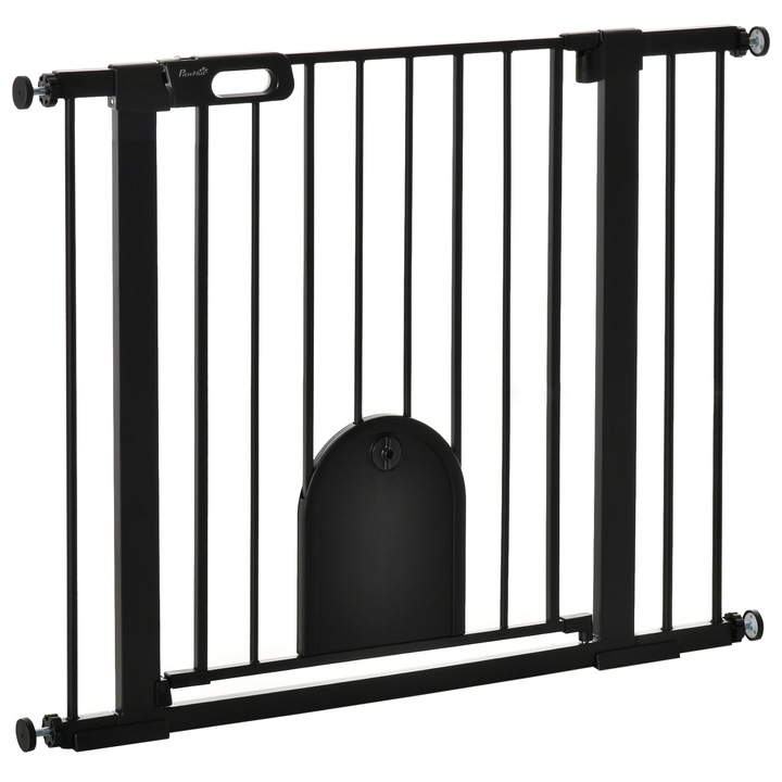 Poarta reglabila pentru caini PawHut cu usa mica si suport de presiune, bariera pentru caini cu blocare automata, 75-103x76 cm, negru