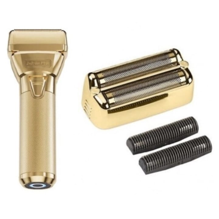 Set aparat de ras BaByliss Pro FXONE All Metal Gold, cordless, cutter de precizie, folie protectie, aur