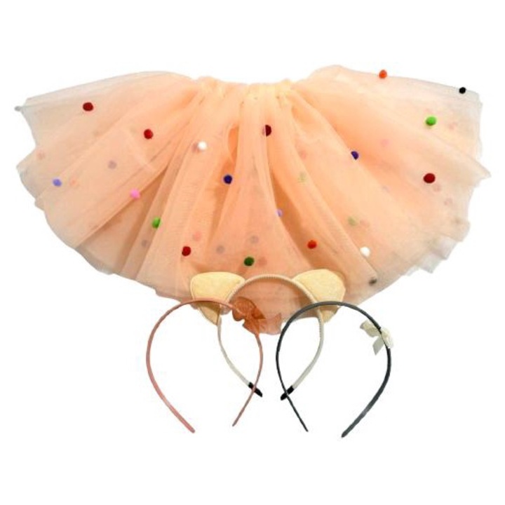 Set fustita tulle moale si fin, somon cu bilute pom-pom si 3 coronite