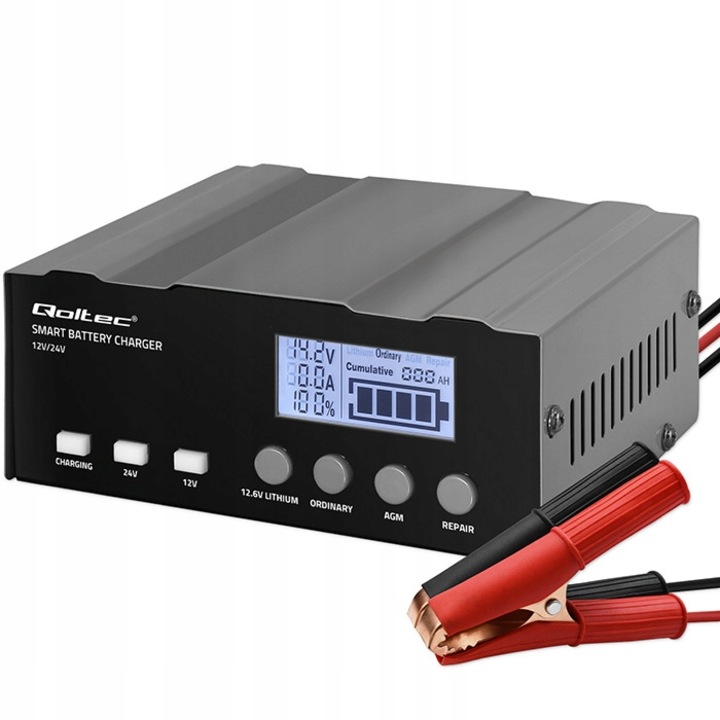 Qoltec mikroprocesszoros töltő, 12v/24v, Agm-hez, Gél, Lifepo4 akkukhoz, 4 fokozatú töltés, Lcd, Teljesítmény 220w, Áram 12a, Javító funkció, Védelmek, Méretek 135x115x85 mm