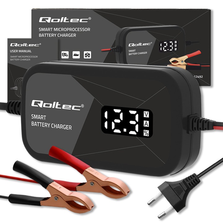 Qoltec 12 V-os Mikroprocesszoros Intelligens Töltő | 2A | Gél AGM Akkumulátortöltő | LCD