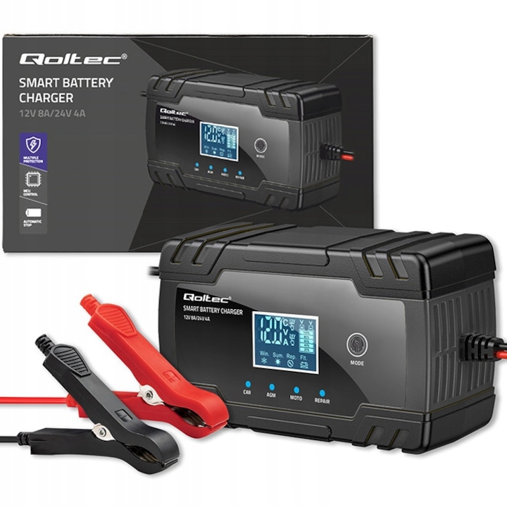 Mikroprocesszoros töltő, Qoltec, 12v 8a / 24v 4a, Töltő agm gél akkumulátor javító funkcióval, Lcd, Fordított polaritás védelem, 130w, 3 fokozatú töltés, Súly 0,64 kg