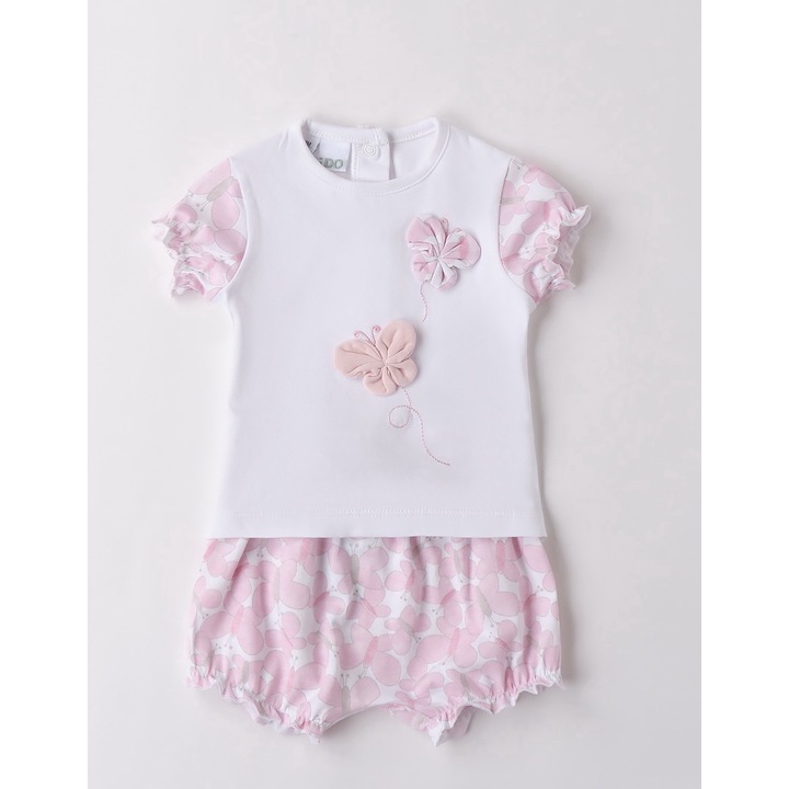 I Do, Комплект тениска и бермуди за момиче с щампа на пеперуди, Бяло, Розово