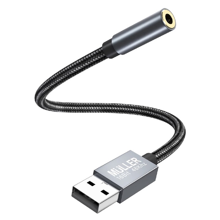Müller® външна звукова карта тип аудио адаптер, USB мъжки към TRSS жак 3.5 женски, DAC ADC 16bit 48Khz, Hi-Res Hi-Fi plug and play, сив