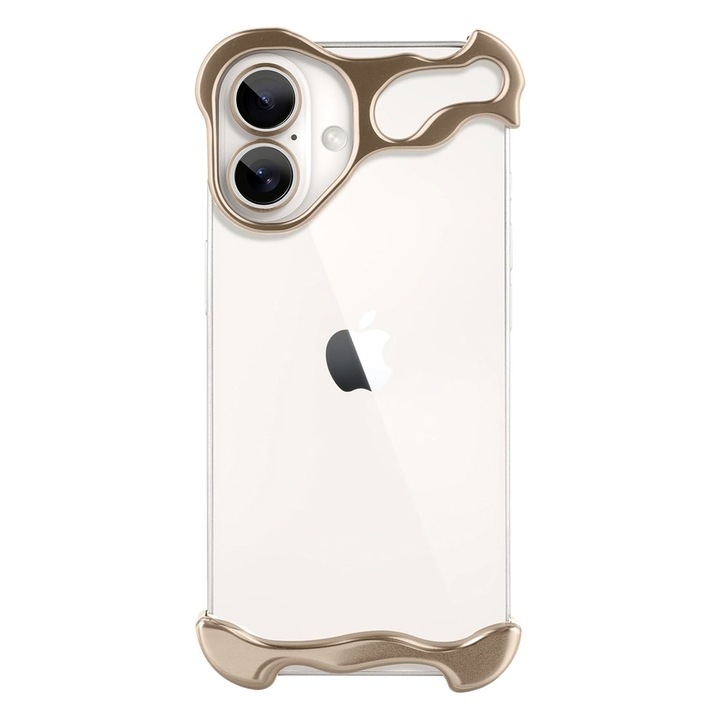 Fémes fényű tok sarok- és kameravédelemmel Apple iPhone 16-hoz, OPTIM MEGOLDÁS, Optimalizált hőelvezetés, Keret nélküli tok, Karcállóság, Innovatív szerkezet, Repülési minőségű alumínium, ütésálló, rácsúsztatható kivitel, arany