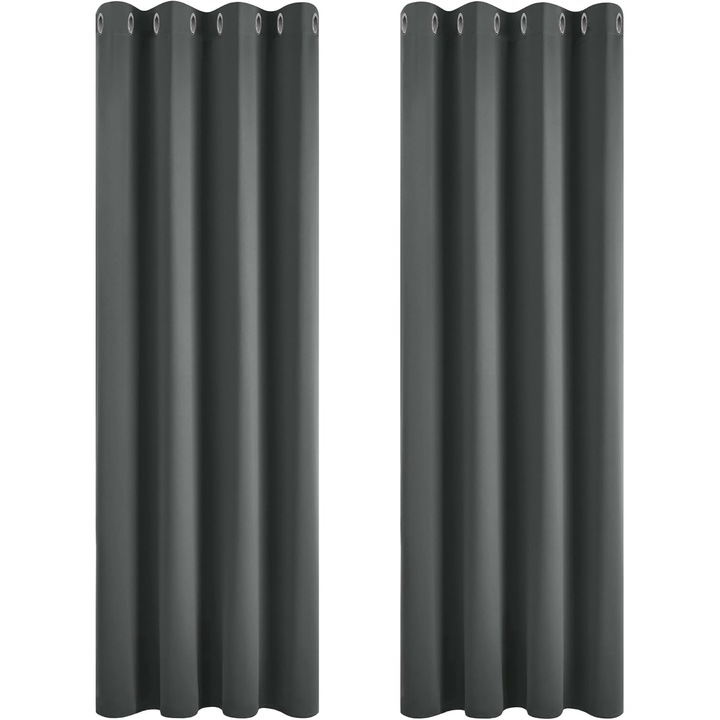 Комплект затъмняващи завеси, Deconovo, топлоизолация, закопчаване с халки, 135 х 240 см, тъмно сиво, 2 бр.