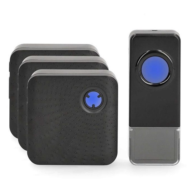 Sonerie wireless, volum 110dB, IP55, 3 receptoare, negru