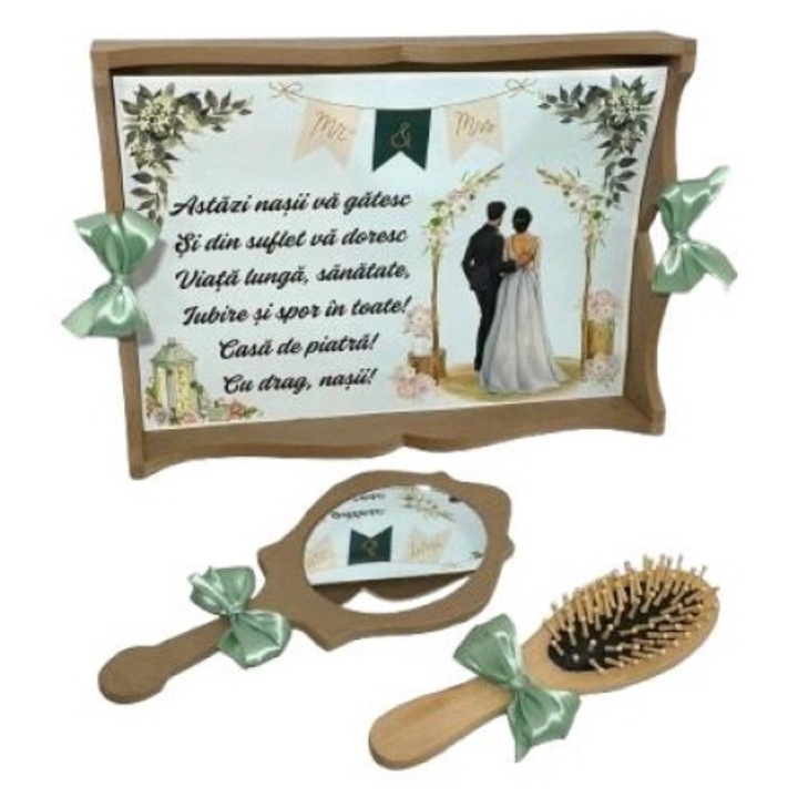 Set tava pentru gatitul miresei, personalizat mire si mireasa, format din 3 piese