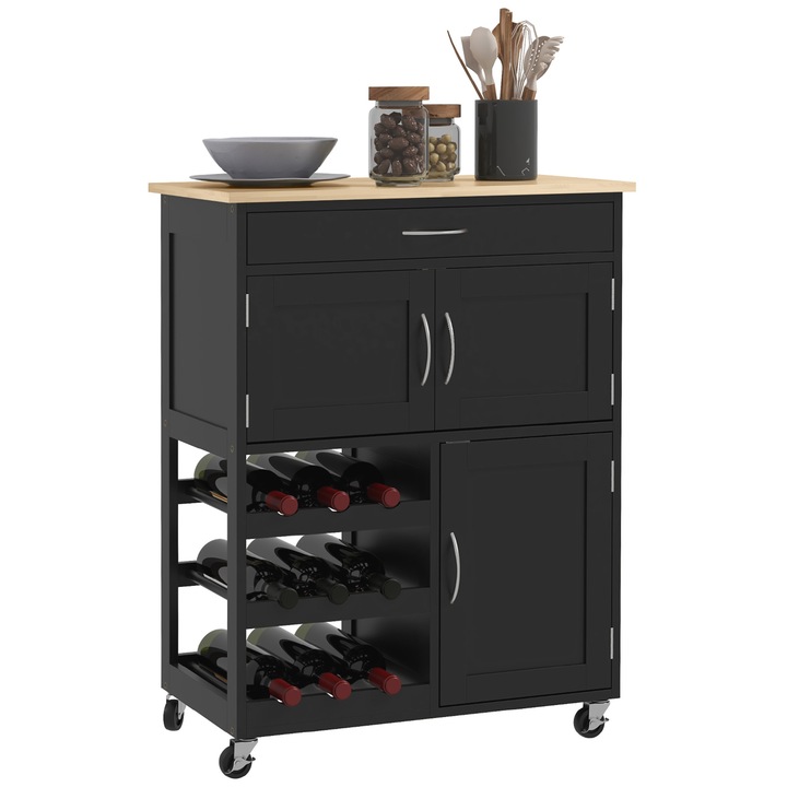Carucior de bucatarie HOMCOM cu suport pentru sticle, 3 usi, 4 roti si sertar, dulap de bucatarie cu economie de spatiu pentru cuptor cu microunde si condimente din lemn, 67x37x87 cm, negru si stejar