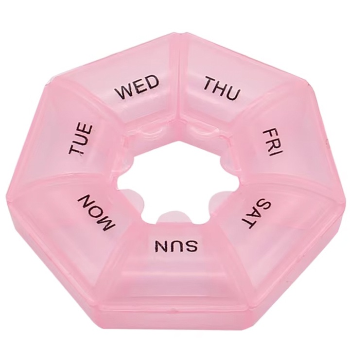 Kerek doboz gyógyszerek, vitaminok vagy táplálékkiegészítők rendszerezéséhez egy hétre, Pufo Pill, 9 cm, rózsaszín