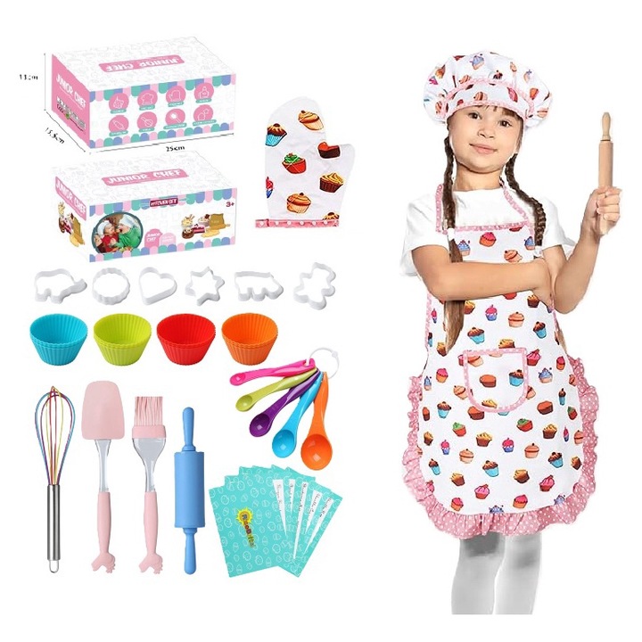 Set de Bucatar MagicBaking Kit, 31 de Piese, Include Sort, Boneta, Manusa de Cuptor, Sucitor, Spatula, Pensula de Patiserie, Tel, Linguri de Masurat, Forme pentru Prajituri, Cupe de Silicon pentru Copt, Carticica cu Retete, Indiggo@, Model Briose, +3 Ani
