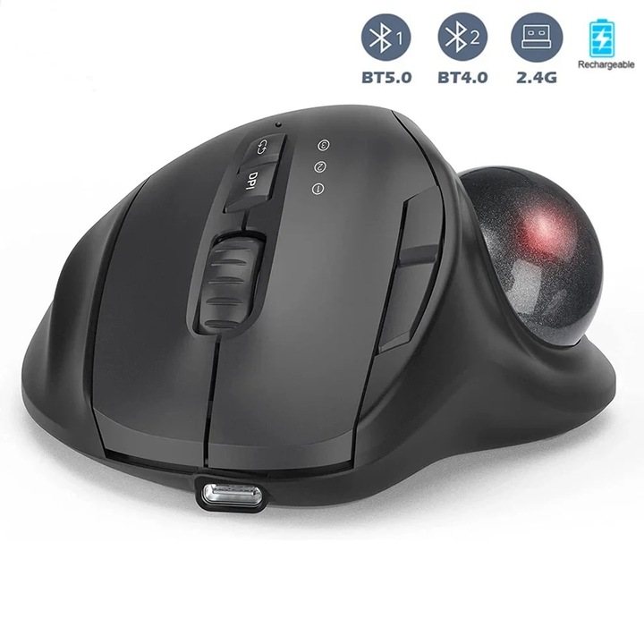 2.4G vezeték nélküli trackball egér, Hesasa, ergonomikus, újratölthető, állítható DPI-vel, három eszközcsatlakozóval és hüvelykujjvezérléssel, PC-hez, iPadhez, Mac-hez, Windowshoz, fekete