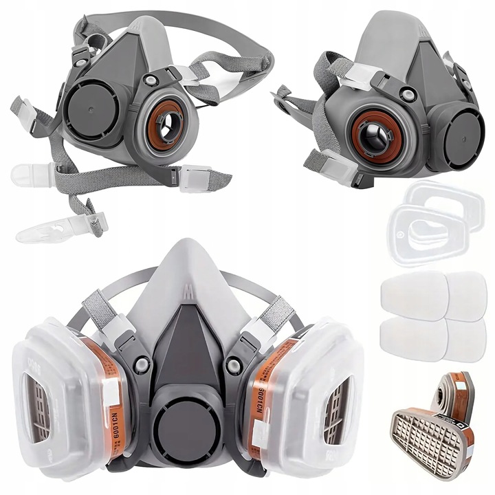 Masca de protectie impotriva particulelor si vaporilor, Zola, 4 filtre interschimbabile de carbon N95 si de praf P1/P1R, reutilizabila, supape duble, material silicon si plastic, gri