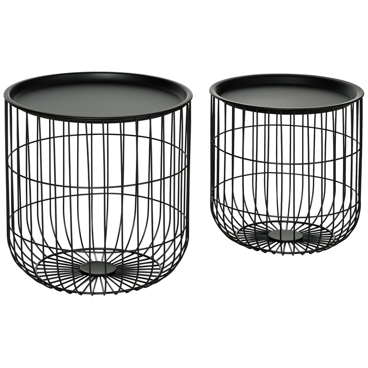 Комплект от 2 холни маси HOMCOM Nesting, кръгли стоманени маси за кафе с отделение за съхранение, черни