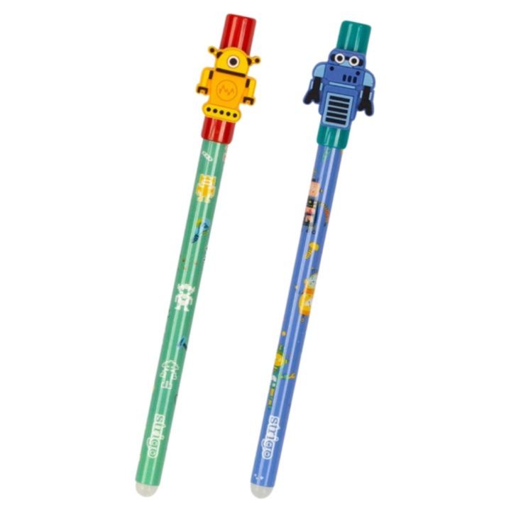 Set 2 pixuri Strigo cu cerneala termosensibila albastra - Motiv Roboti Verde/Albastru