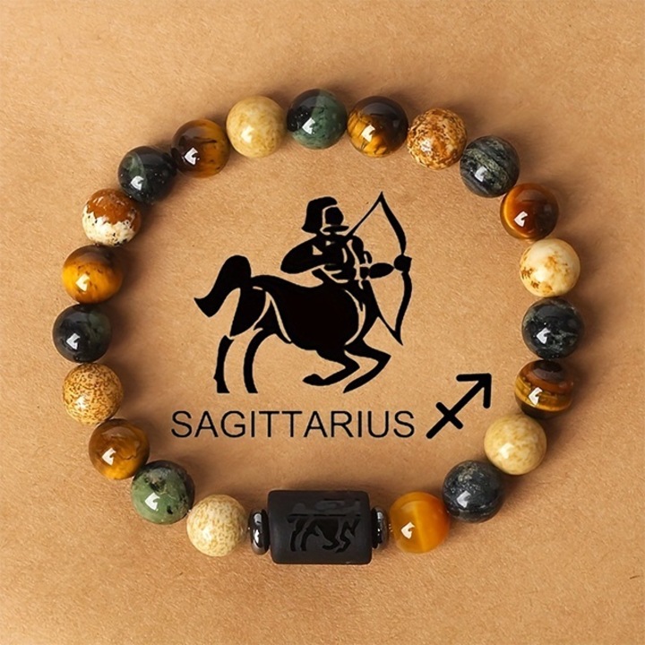 Bratara energetica cu gravura semn zodiacal, margele vindecatoare, pietre semipretioase ametist, unisex, zodia sagetator