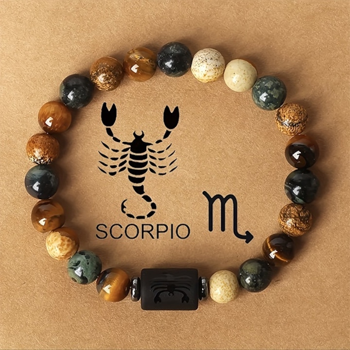 Bratara energetica cu gravura semn zodiacal, margele vindecatoare, pietre semipretioase ametist, unisex, zodia scorpion