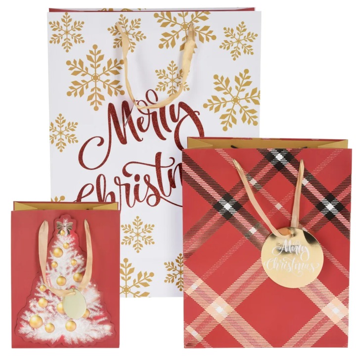 Punga cadou din hartie, Openhome, Imprimeu Metalic De Craciun, Design Robust, Potrivite Pentru O Mare Varietate De Cadouri, Set 3, 18x23 cm, 26x32 cm, 32x45 cm