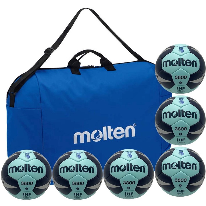 Pachet 6 mingi handbal Molten H3X3800, marime 3, aprobat IHF + geanta transport Molten EH0046-B