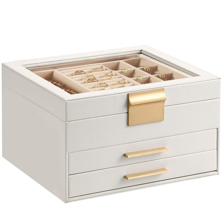 Cutie de bijuterii Fudisenn®, Organizator depozitare cu Capac Transparent si 2 Sertare, Compartimente multiple pentru Coliere, Inele, Cercei, Bratari si Ceasuri, Interior din Catifea si Maner Metalic, Cadou ideal pentru Femei, Alb