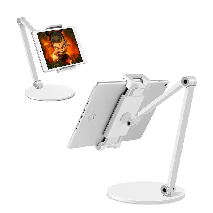 Suport tableta pentru ecran de 4.7-12.9 inchi, etanseitate reglabila 360 de grade, rotativ cu mai multe unghiuri, la nivelul ochiului, din aluminiu, solid, cu brat lung, suporturi pentru tablete pentru iPad, suprafata Microsoft, Kindle, WALALLA, alb