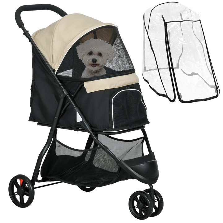 Carucior pentru caini cu 3 roti PawHut pentru caini mici si mini, carucior pliabil pentru animale de companie cu husa de ploaie, cos si lesa, kaki