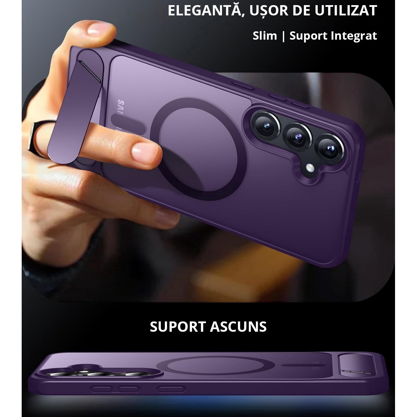 Husa pentru Samsung Galaxy S24, MagSafe, Protectie standard Militar, cu Suport Metalic Incorporat, Violet