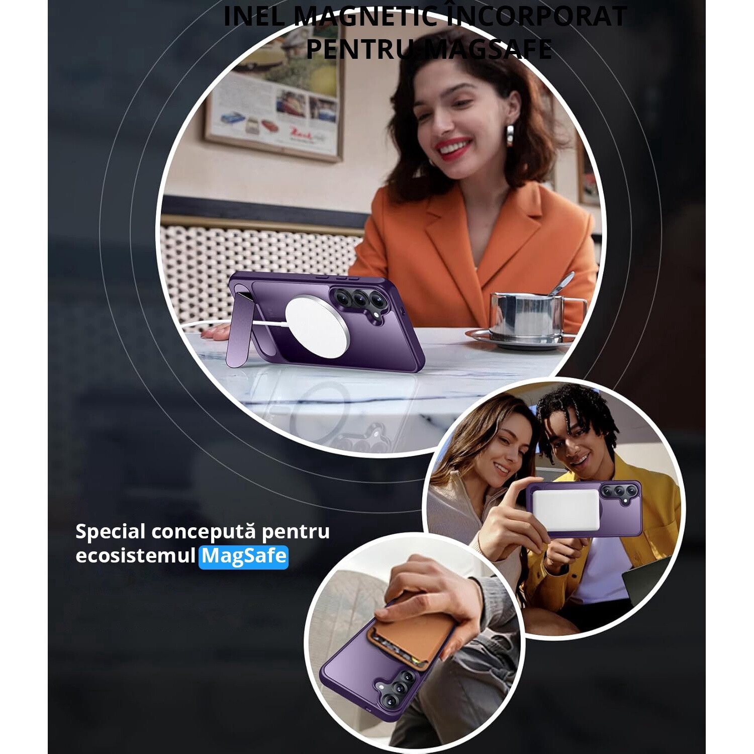 Husa pentru Samsung Galaxy S24, MagSafe, Protectie standard Militar, cu Suport Metalic Incorporat, Violet