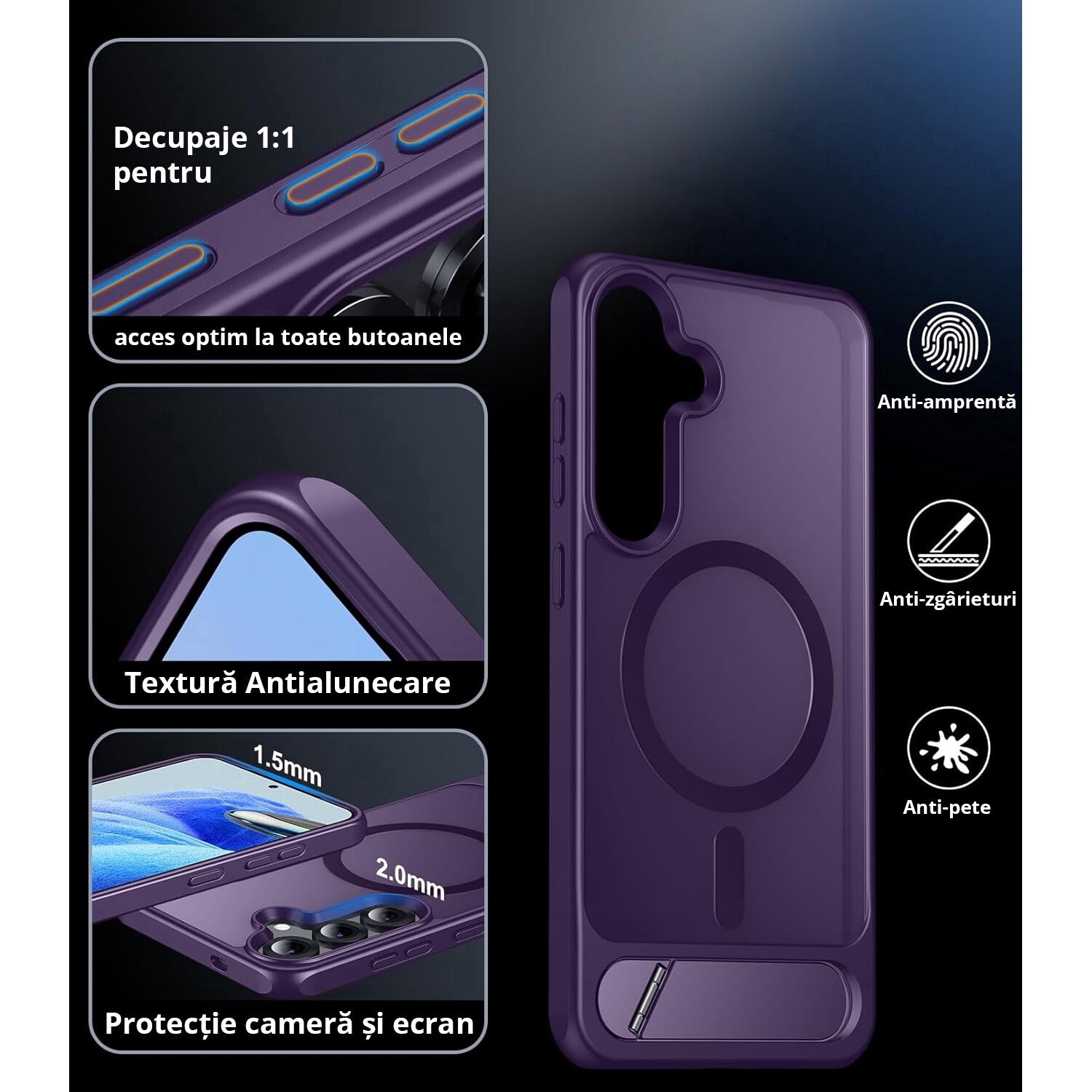 Husa pentru Samsung Galaxy S24, MagSafe, Protectie standard Militar, cu Suport Metalic Incorporat, Violet
