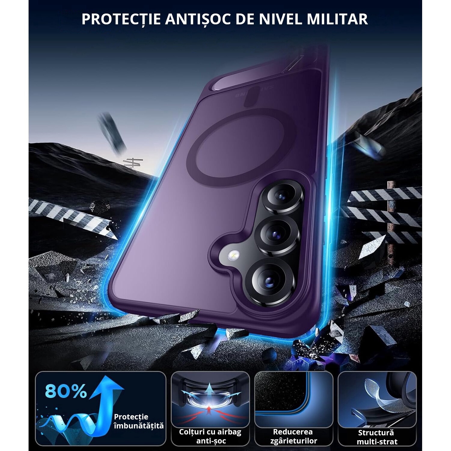 Husa pentru Samsung Galaxy S24, MagSafe, Protectie standard Militar, cu Suport Metalic Incorporat, Violet