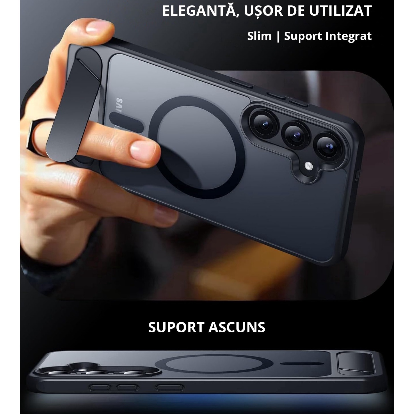 Husa pentru Samsung Galaxy S24 PLUS, MagSafe, Protectie standard Militar, cu Suport Metalic Incorporat, Negru