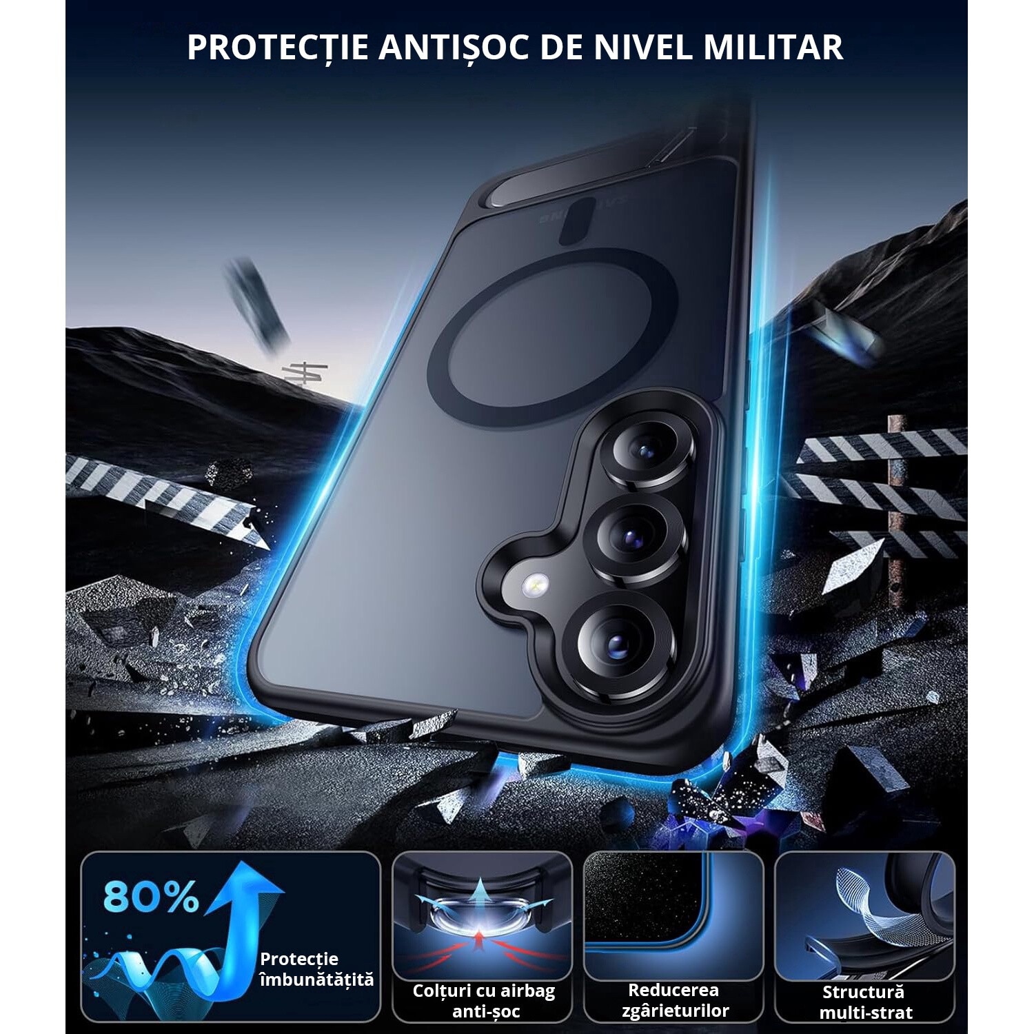 Husa pentru Samsung Galaxy S24 PLUS, MagSafe, Protectie standard Militar, cu Suport Metalic Incorporat, Negru