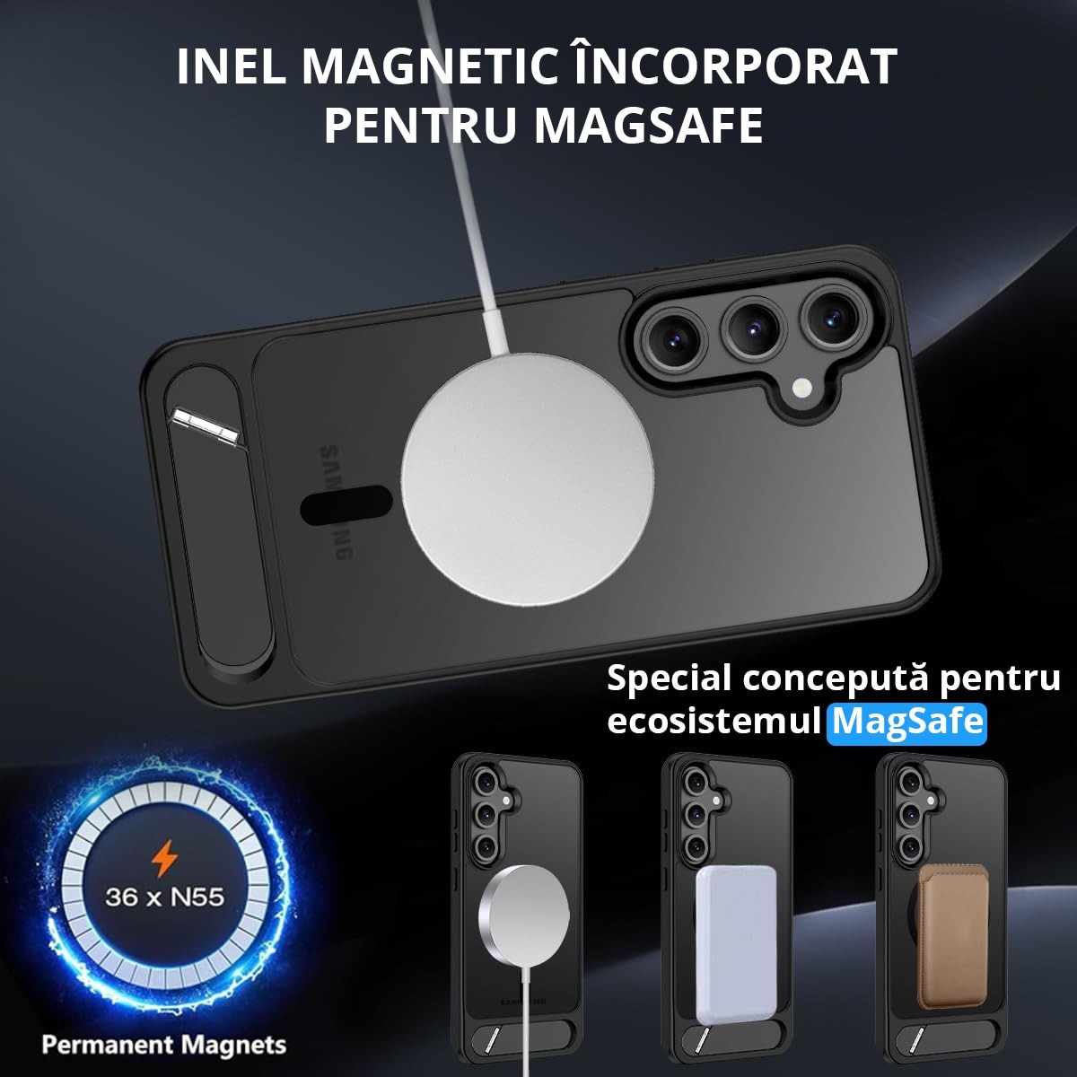 Husa pentru Samsung Galaxy S24 PLUS, MagSafe, Protectie standard Militar, cu Suport Metalic Incorporat, Negru