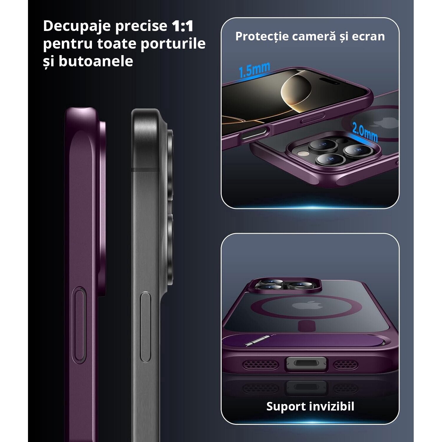 Husa pentru iPhone 16 Pro Max, MagSafe, Protectie standard Militar, cu Suport Metalic Incorporat, Purple