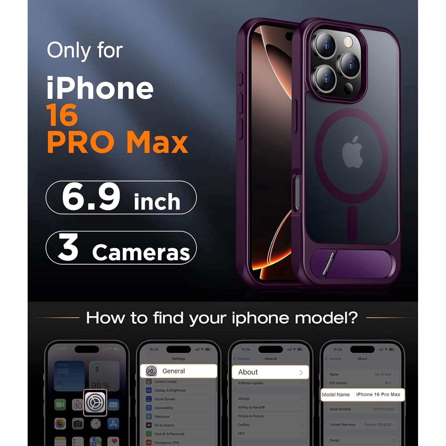 Husa pentru iPhone 16 Pro Max, MagSafe, Protectie standard Militar, cu Suport Metalic Incorporat, Purple