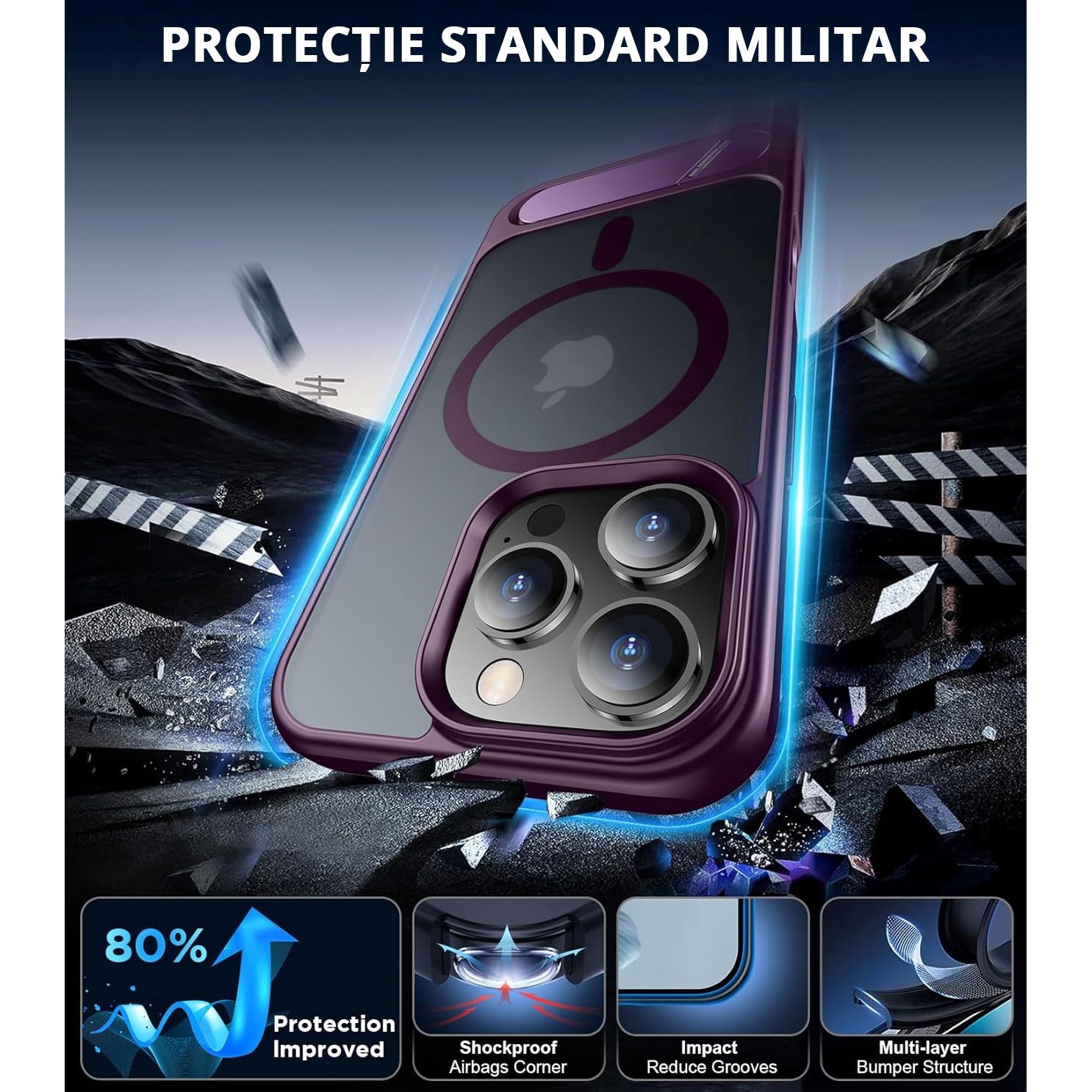 Husa pentru iPhone 16 Pro Max, MagSafe, Protectie standard Militar, cu Suport Metalic Incorporat, Purple
