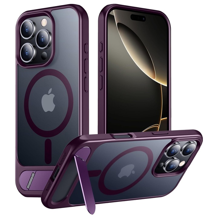 Husa pentru iPhone 16 Pro Max, MagSafe, Protectie standard Militar, cu Suport Metalic Incorporat, Purple